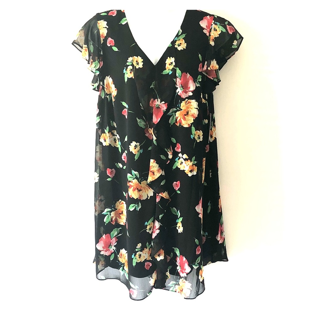 DRESS CHIFFON SIZE 1X BLACK FLORAL EMMA & MICHELE SHIFT NWT
